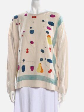 AKRIS Women's Beige Gray Crew Neck Long Sleeve Fruit Print Silk Crepe Top Size 4